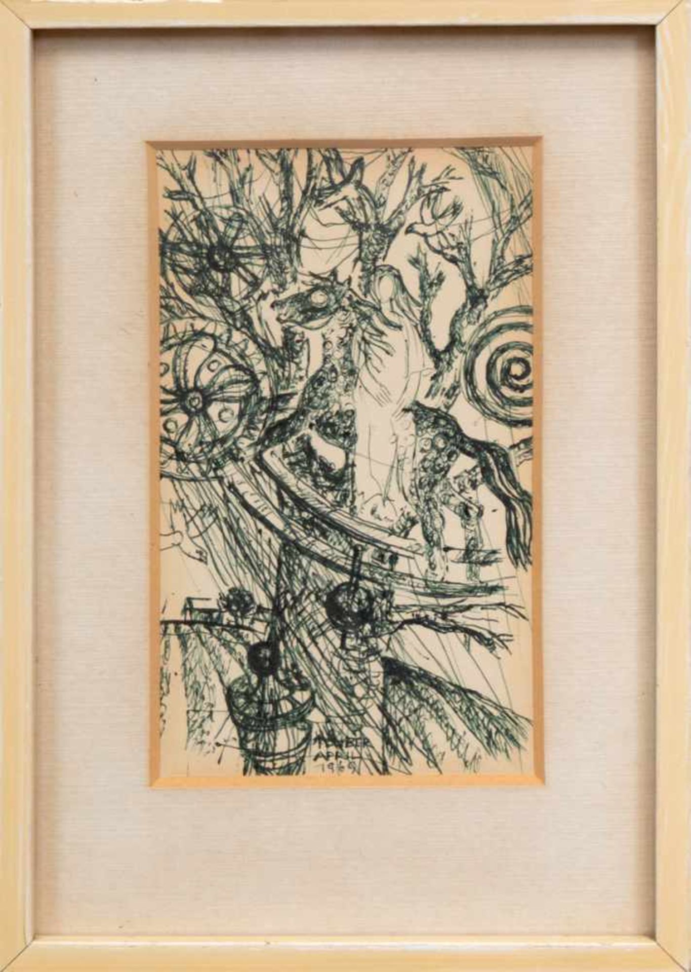 "Abstrakt", Zeichnung, undeutlich sign. und dat. April 1969, verso. Widmung, 17,5x10 cm,im - Image 2 of 2