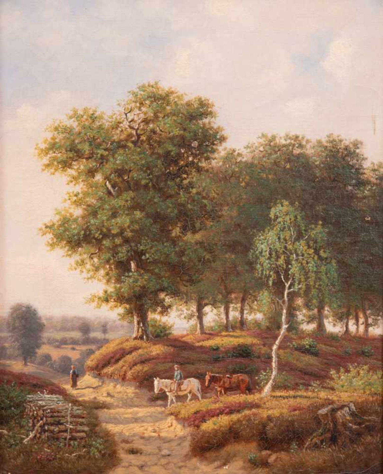 Romantiker (1.H.19. Jh.) "Sommerliche Waldlandschaft mit Reiter auf Landweg",Öl/Hartfaser, - Bild 2 aus 2