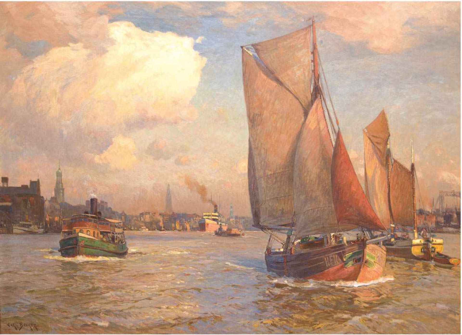 Becker, Carl Emil Rudolf Ludwig (1862 Hameln-1926 Blankenese) "Szenerie im Hamburger Hafen auf Höhe