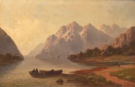 Rüttner, P."Fjordlandschaft", um 1880, Öl/Lw., sign. u.r., ungereinigt, 56x82 cm, im Prunkrahmen (