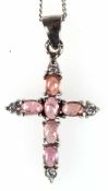 Kette mit Anhänger "Kreuz", 925er Silber, rosa Turmaline im Cabochon-Schliff und Zirkonia, Maße mit