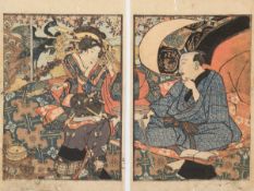 Paar japanische Holzschnitte, 18./19. Jh., mit figürlichen Darstellungen, auf Reispapier,