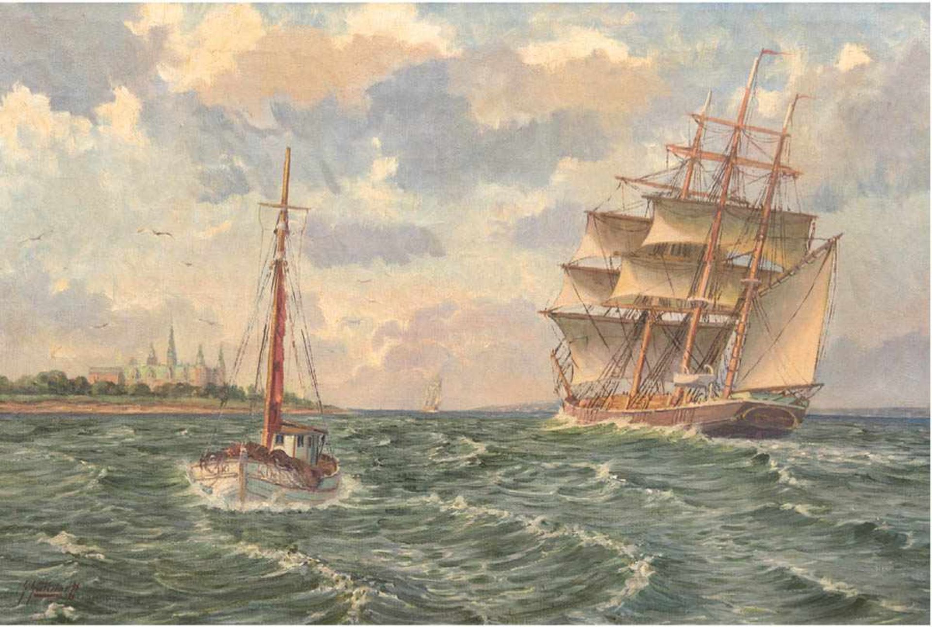 Gundorff, Georg (1876-1925) "Segelschiff vor dänischer Küste", Öl/Lw., sign. u.l., 67,5x97 cm,