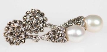 Ohrringe, 925er Silber, echte Perlen, 8 x 7 mm, Markasiten, Länge ca. 3,3 cm