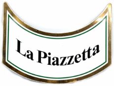 Werbeschild "La Piazzetta", weiß emailliert mit goldenem Rand, schwarzer Schriftzug, 47x62 cm