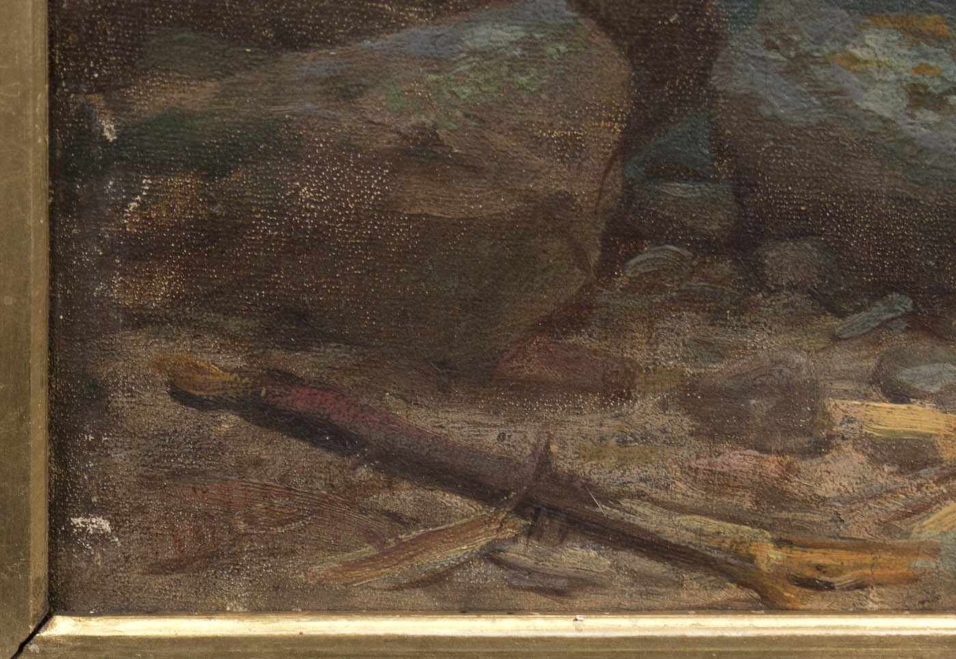 Landschaftsmaler des 19. Jh. "Blick auf den Königssee", Öl/Lw., unsign., kl. Farbabpl., 34x49 cm, - Bild 2 aus 4