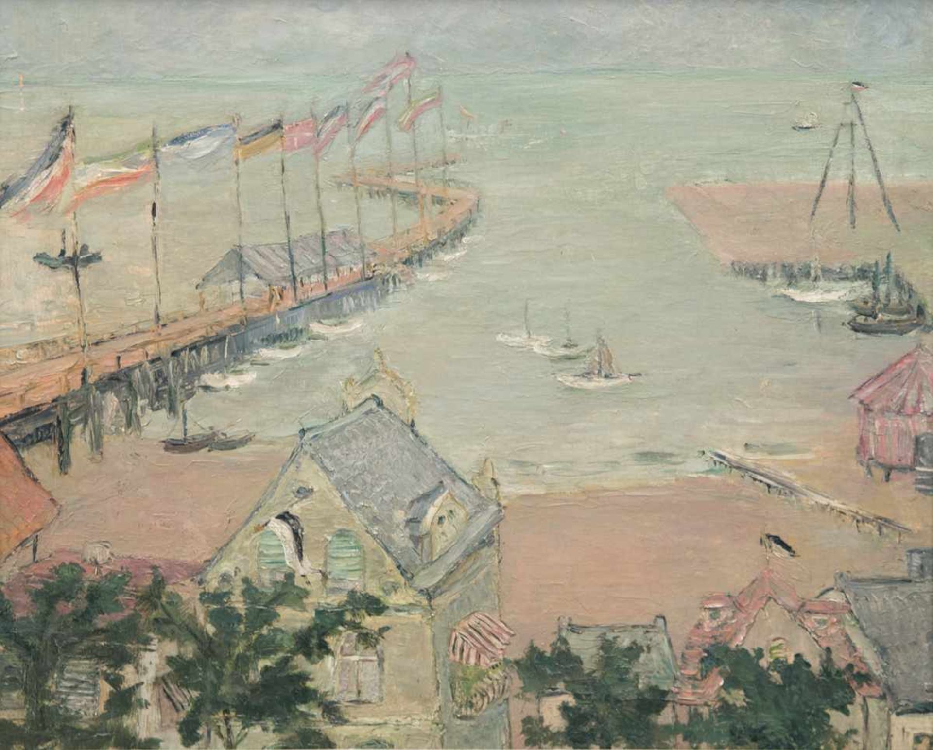 Französischer Impressionist um 1910 "Seebrücke an französcher Küste", Öl/Lw., unsign., 51 x56 cm,