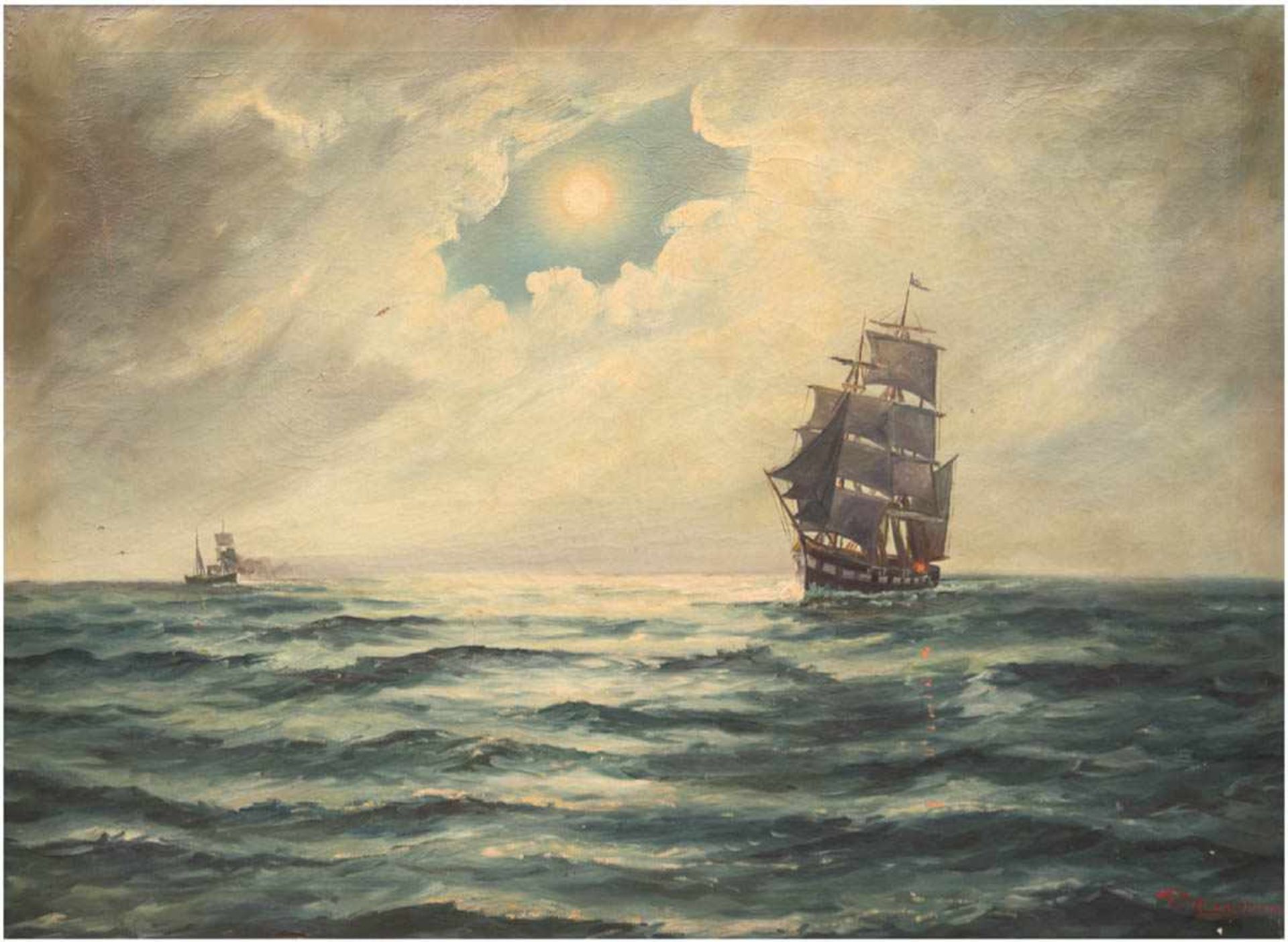 Rygaard, Thorvald (1872-1939) "Segelschiffe in der Abenddämmerung", Öl/Lw., sign. u.r. und dat.