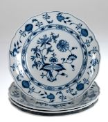 4 große Meissen-Teller, Zwiebelmuster, blaue Schwertermarke, 1. Wahl, Dm. 25 cm