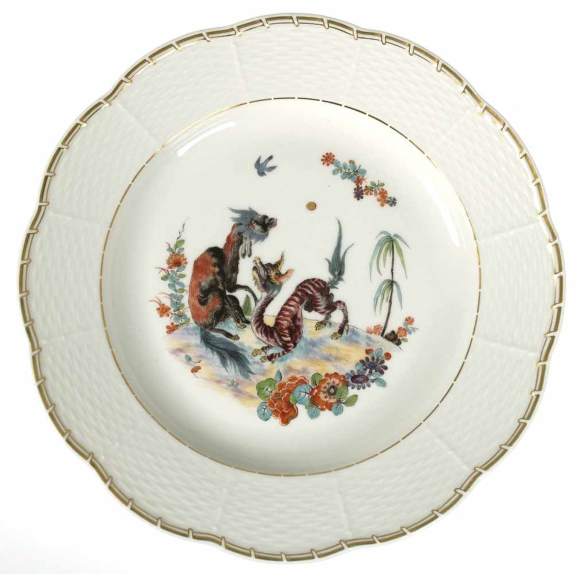 Meissen-Teller, mit chinesischer Drachenmalerei, Goldrand, 1. Wahl, Dm. 26 cm