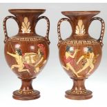 Paar Vasen, mit ägyptischen Motiven und Mäander-Dekor, Keramik, braun lasiert, 1x Rand rep., H. 28,