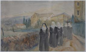 Greve-Lindau, Georg (1876 Lindau im Eichsfeld-1963 Duderstadt) "Nonnen im Klosterhof", Aquarell,