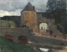 "Vor dem Burgtor mit Schweinehüter und Hund", Öl/Lw., unsign., 56x67 cm