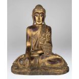 "Buddha mit Erdberührungsgeste" Holz, geschnitzt und gold gefaßt, besetzt mit bunten Glassteinen, "