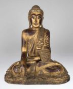 "Buddha mit Erdberührungsgeste" Holz, geschnitzt und gold gefaßt, besetzt mit bunten Glassteinen, "