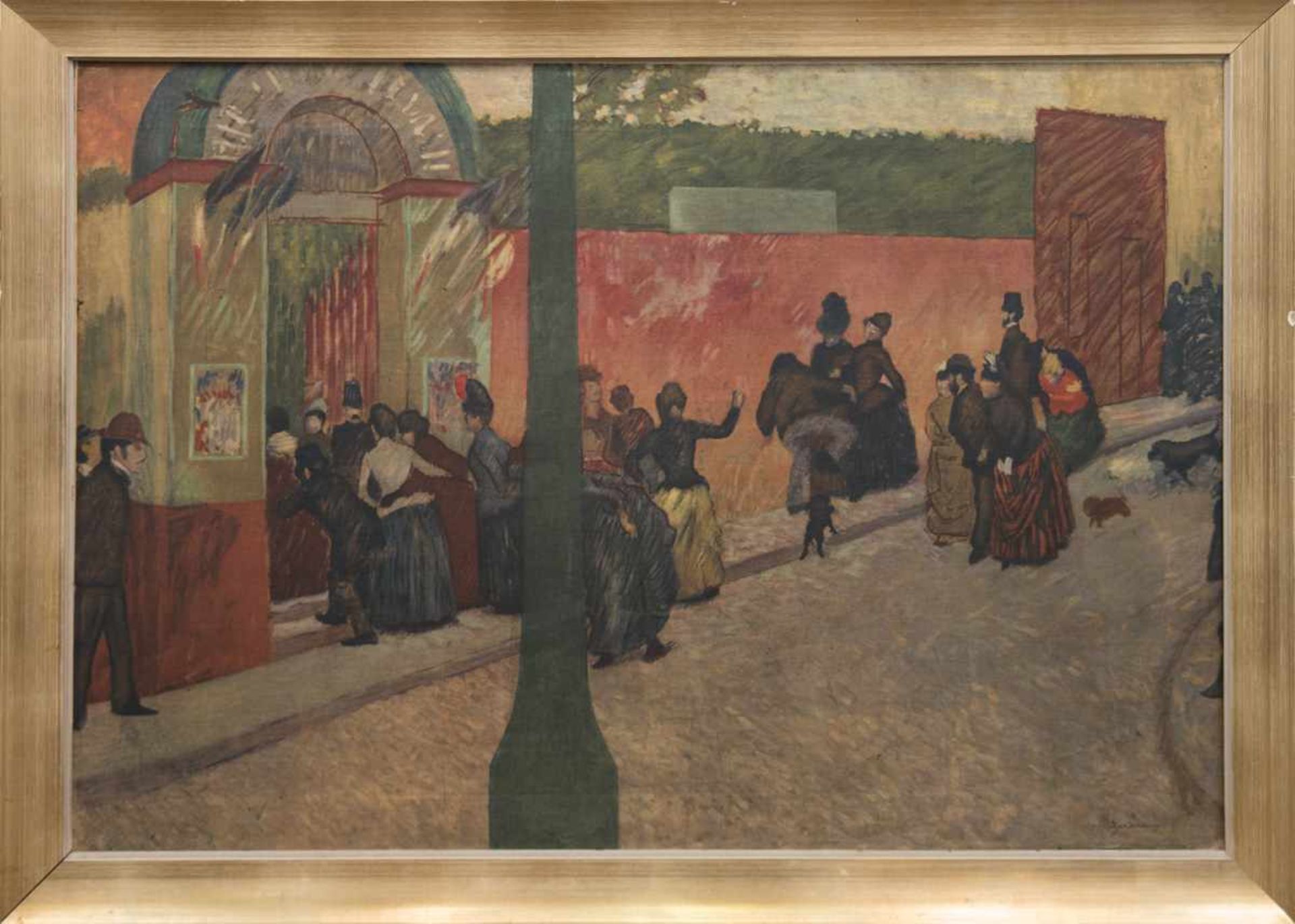 "Feine Gesellschaft vor Haus", Öldruck/Hartfaser, 69x97 cm, Rahmen