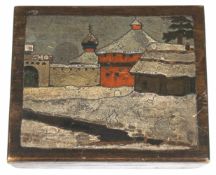 Holzschatulle, Rußland, Schule Bilibine, bemalter Deckel "Dorf in Winterlandschaft", 5x13x10,5 cm