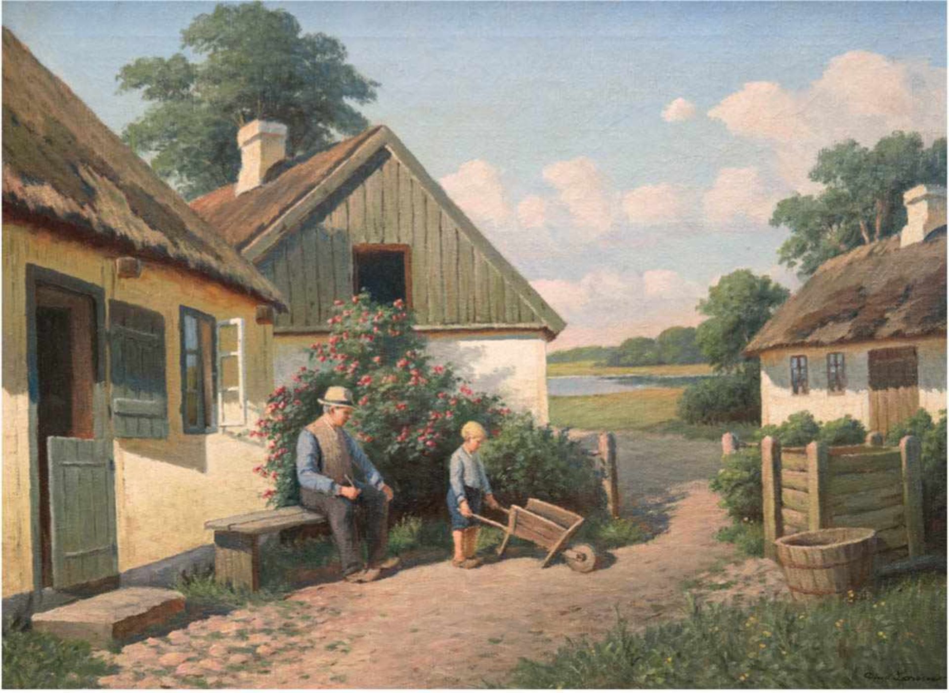 Larsen, Alfred Valdemar (1860 Stenderup- 1946 Virum) "Sommerlandschaft mit Großvater und Enkel vor