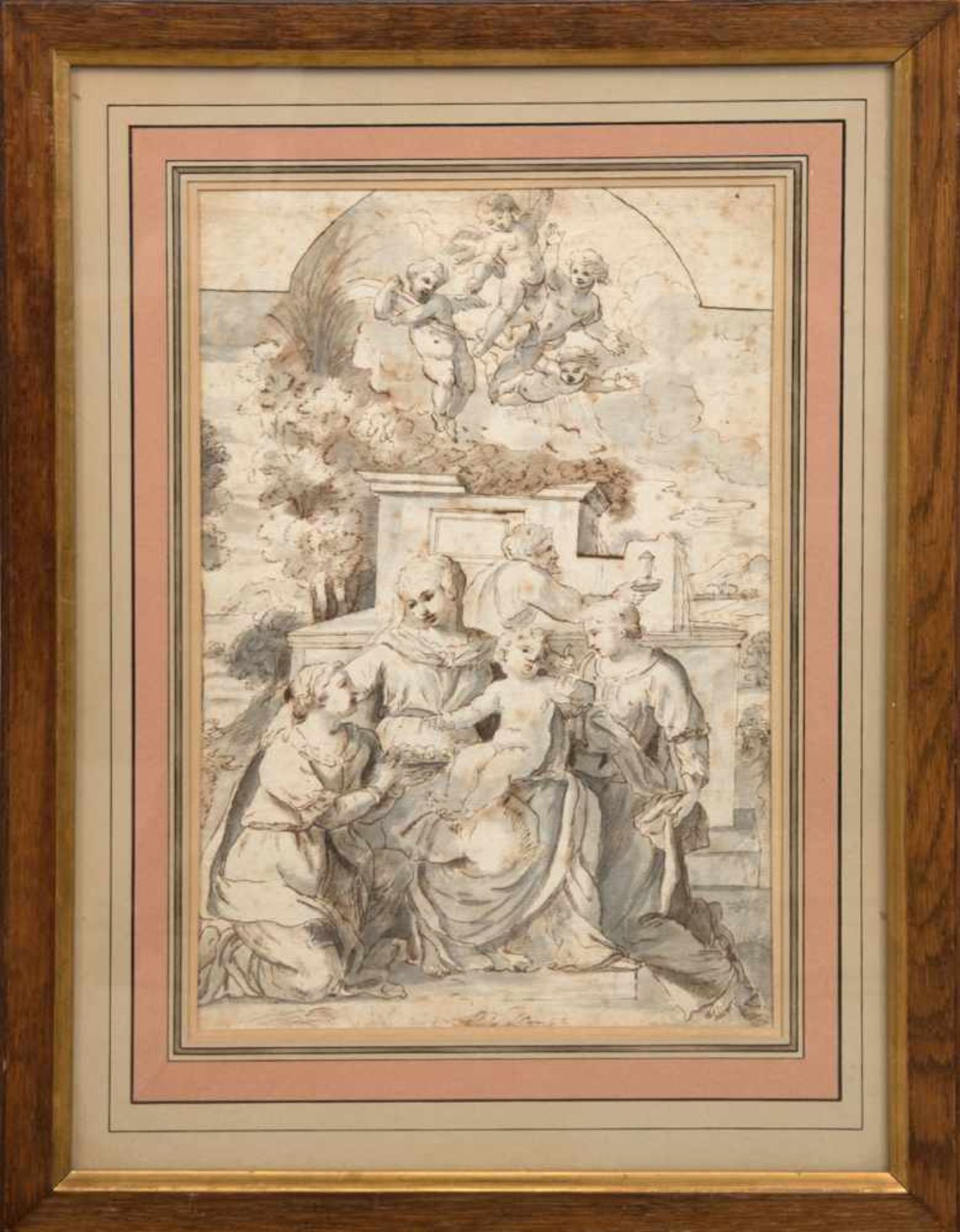 Italienischer Meister 17./18. Jh. "Maria mit Jesuskind", aquarellierte Federzeichnung, unsign., - Bild 2 aus 3