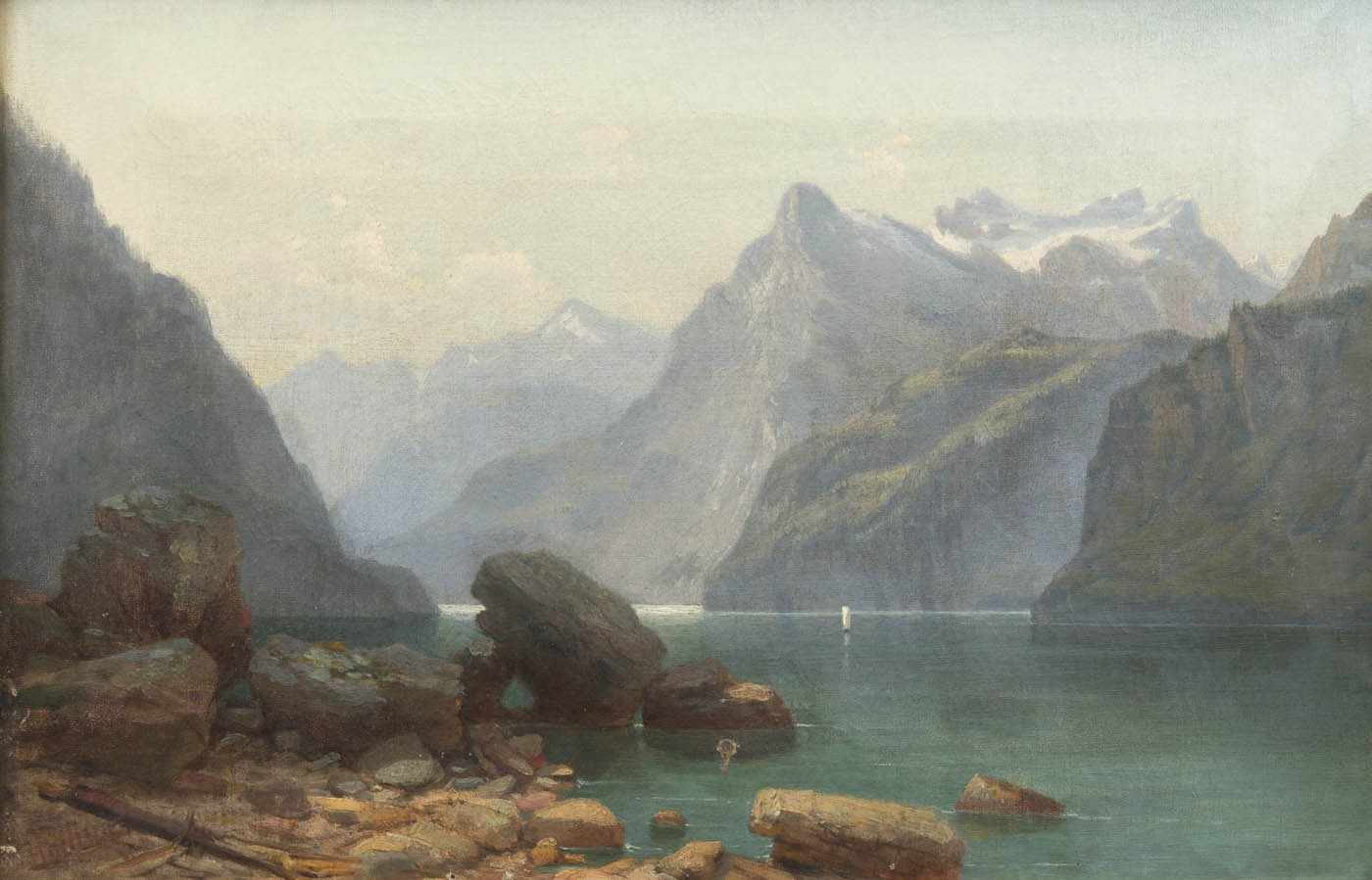 Landschaftsmaler des 19. Jh. "Blick auf den Königssee", Öl/Lw., unsign., kl. Farbabpl., 34x49 cm, - Image 4 of 4