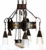 Jugendstil-Deckenlampe, Eisen, bronziert, 6-flammig, mit originalen Glasschirmen, modern