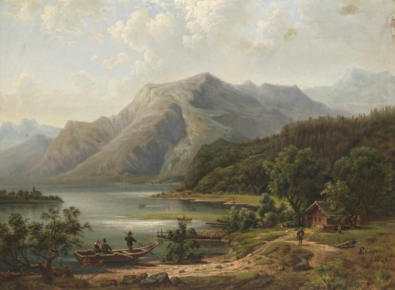 Gerds, F.C. "Bergsee mit Ruderer auf dem See", Öl/Karton, sign. u.r. und dat. 1903, 60x80 cm, - Image 4 of 4