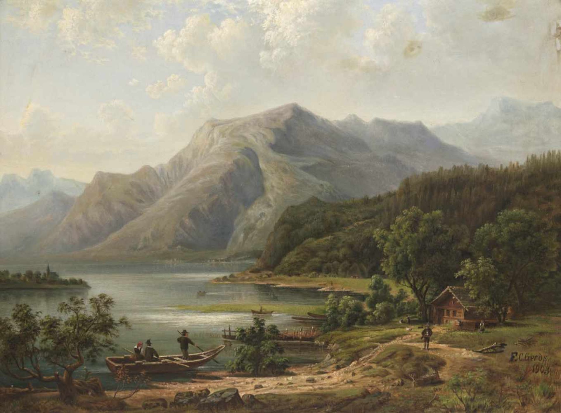 Gerds, F.C. "Bergsee mit Ruderer auf dem See", Öl/Karton, sign. u.r. und dat. 1903, 60x80 cm, - Bild 4 aus 4