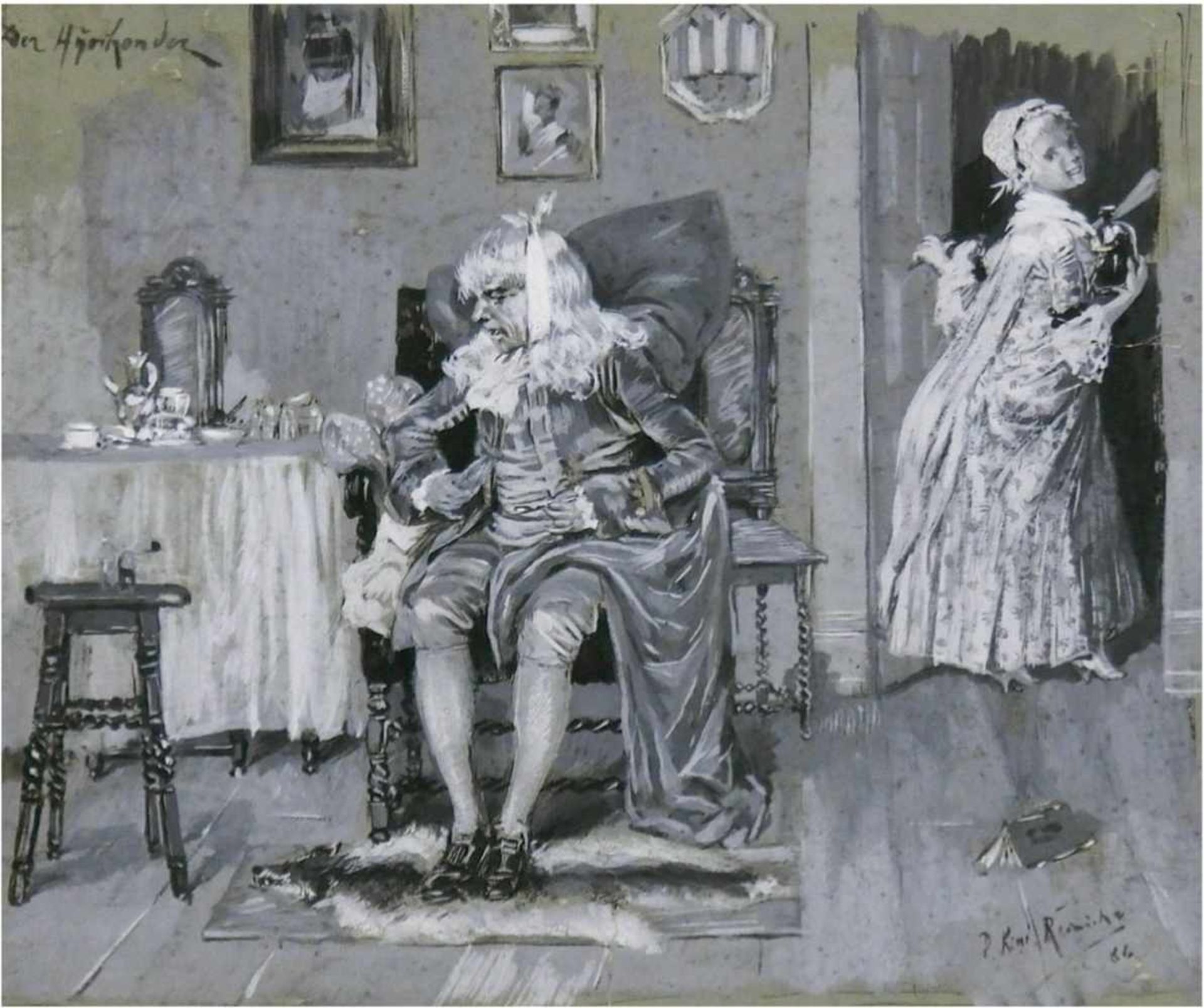 Reinicke, Paul René (1860 Strenznaundorf- 1926 Wildsteig) "Der Hypochonder", Feder und Gouache/