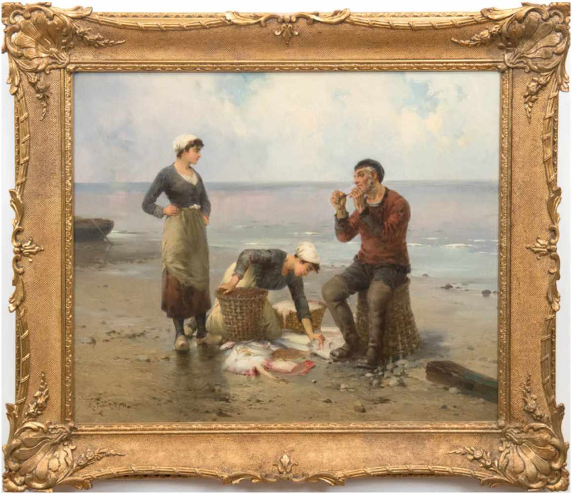 Psalmon, M. (Frankreich Ende 19. Jh.) "Fischersleute mit Fang am Strand", Öl/Lw., signiert und