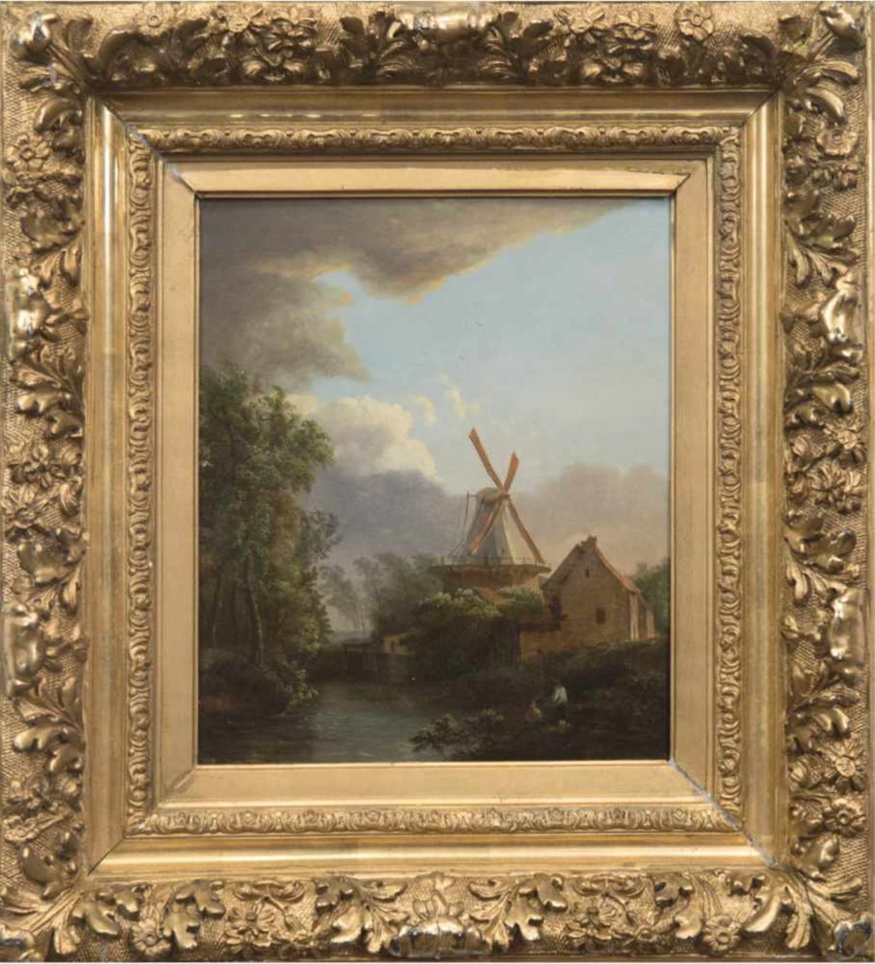 Landschaftsmaler (Niederlande 18./19. Jh) "Flußlandschaft mit Windmühle", Öl/Eichentafel,