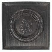 Ofenplatte/Kaminplatte, 19. Jh., Gußeisen, mit reliefierter Darstellung eines Römers, 18x18 cm