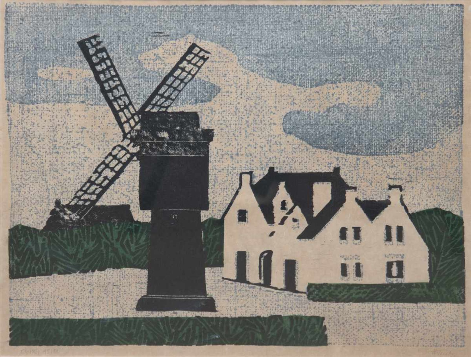 Teuber, Hermann (1894 Dresden-1985 München) "Windmühle und Häuser", Farbradierung, 544 K 45/80,