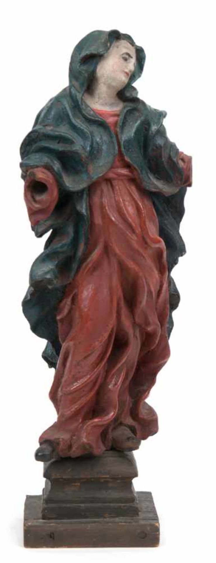 Alpenländische Heiligenfigur "Maria", um 1750, Holz, geschnitzt, farbig gefaßt, Hände fehlen,