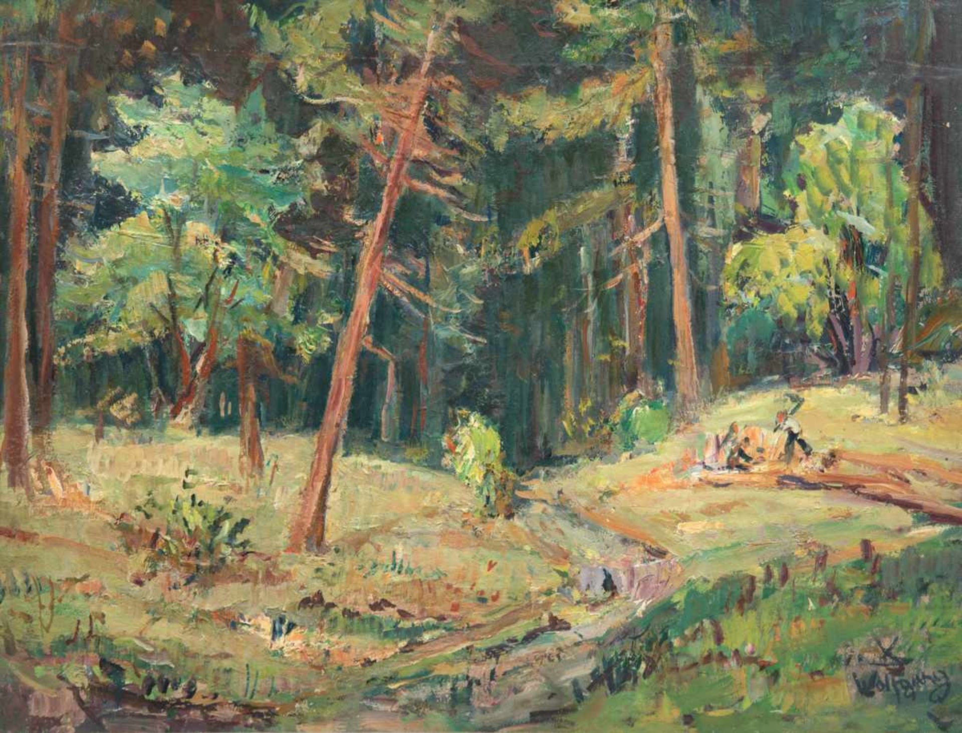 Wolfgang, Alexander (1894 Arnstadt-1970 Gera) "Waldarbeiter auf Lichtung", Öl/Mp., sign. u.r.,