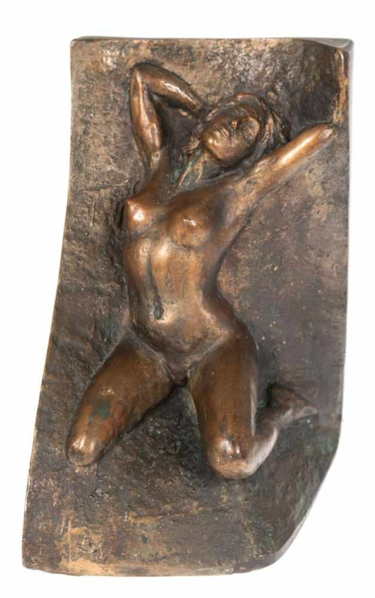 Relief-Figur "Weiblicher kniender Akt", Bronze, mit Prägestempel "PK", H. 23,5 cm