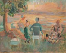 Großmann, Rudolf (1882 Freiburg-1941 Freiburg) "Picknick am See", Öl/H., sign. u.l., 32x40 cm,