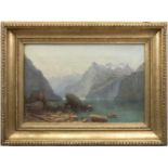 Landschaftsmaler des 19. Jh. "Blick auf den Königssee", Öl/Lw., unsign., kl. Farbabpl., 34x49 cm,