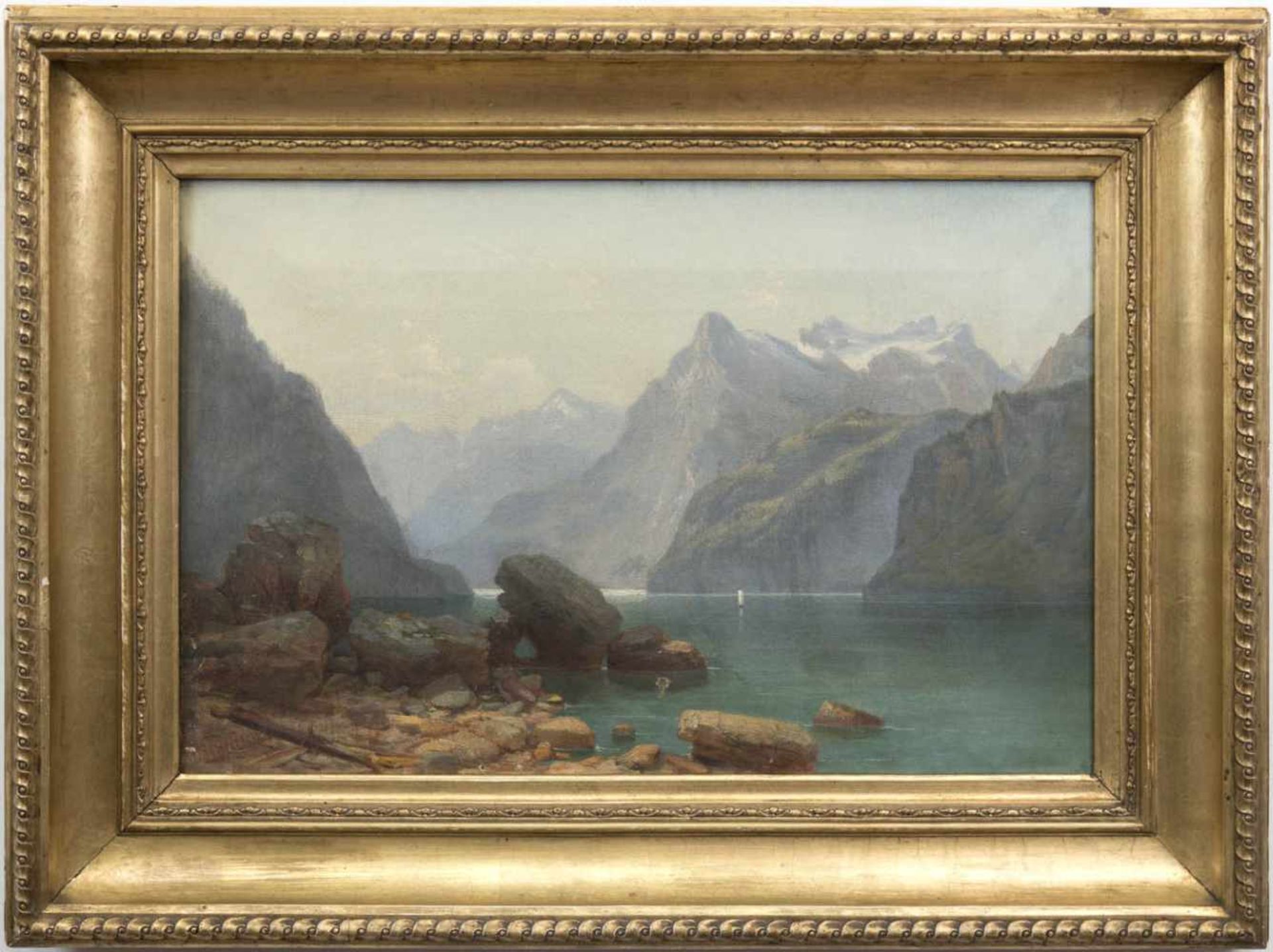 Landschaftsmaler des 19. Jh. "Blick auf den Königssee", Öl/Lw., unsign., kl. Farbabpl., 34x49 cm,