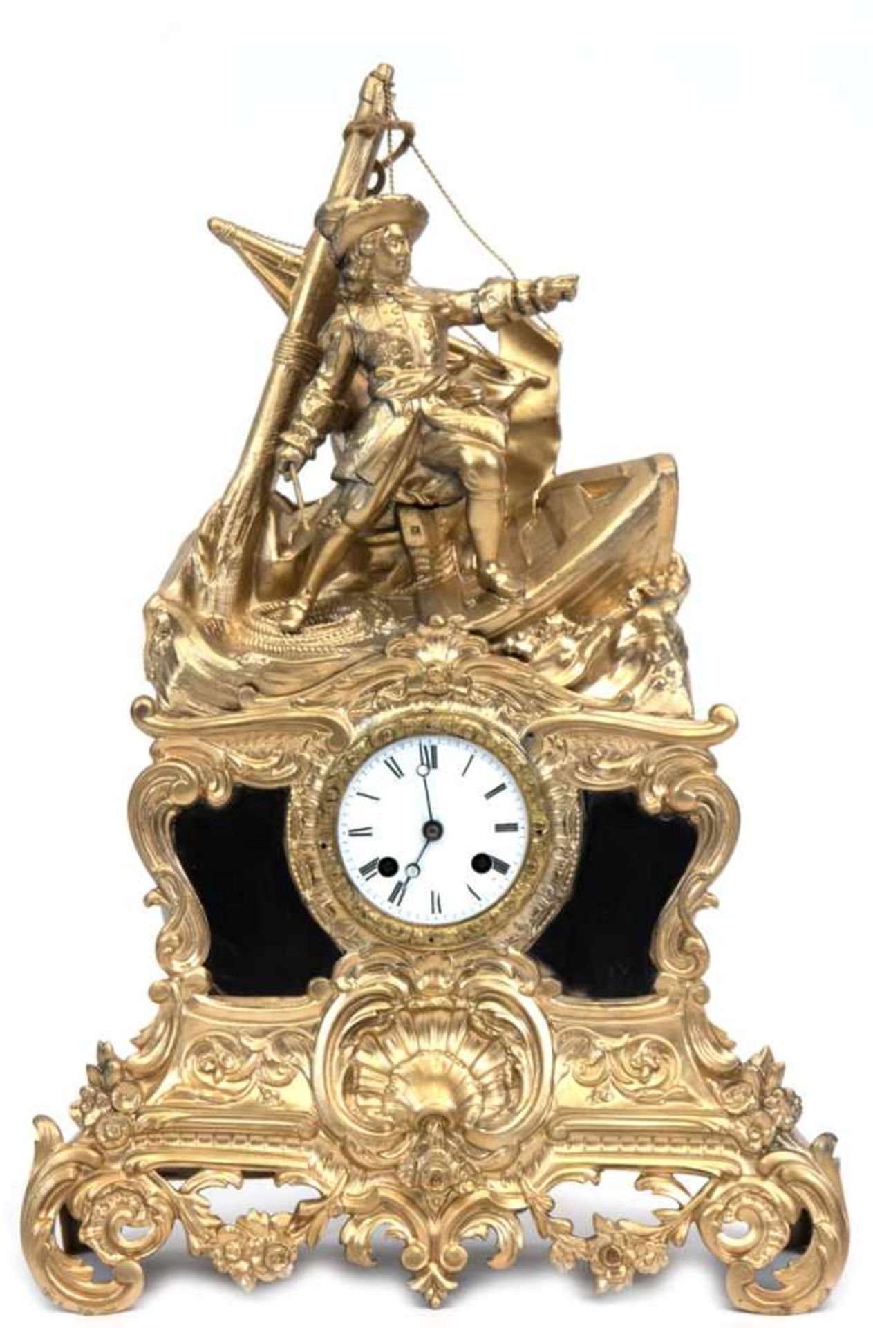 Figurenpendule, um 1840, vergoldet, figürliche Motive der Seefahrer und Fischer, reliefierte Front,