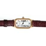 Damenarmbanduhr "Chopard", 750er Gold, Handaufzug, funktionsfähig, 3x1,7 cm, originales braunes