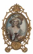 Miniatur "Junge Dame mit blumengeschmücktem Hut", oval, um 1900, unleserl. signiert m.r., 9,5x7 cm,