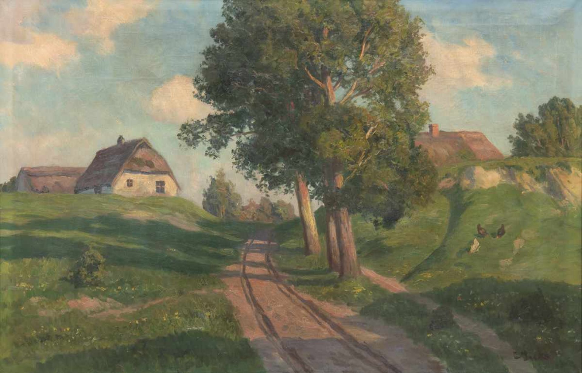 "Reetdachhäuser in norddeutscher Landschaft", um 1920, Öl/Lw., undeutl. sign. u.r., mittig kl. "