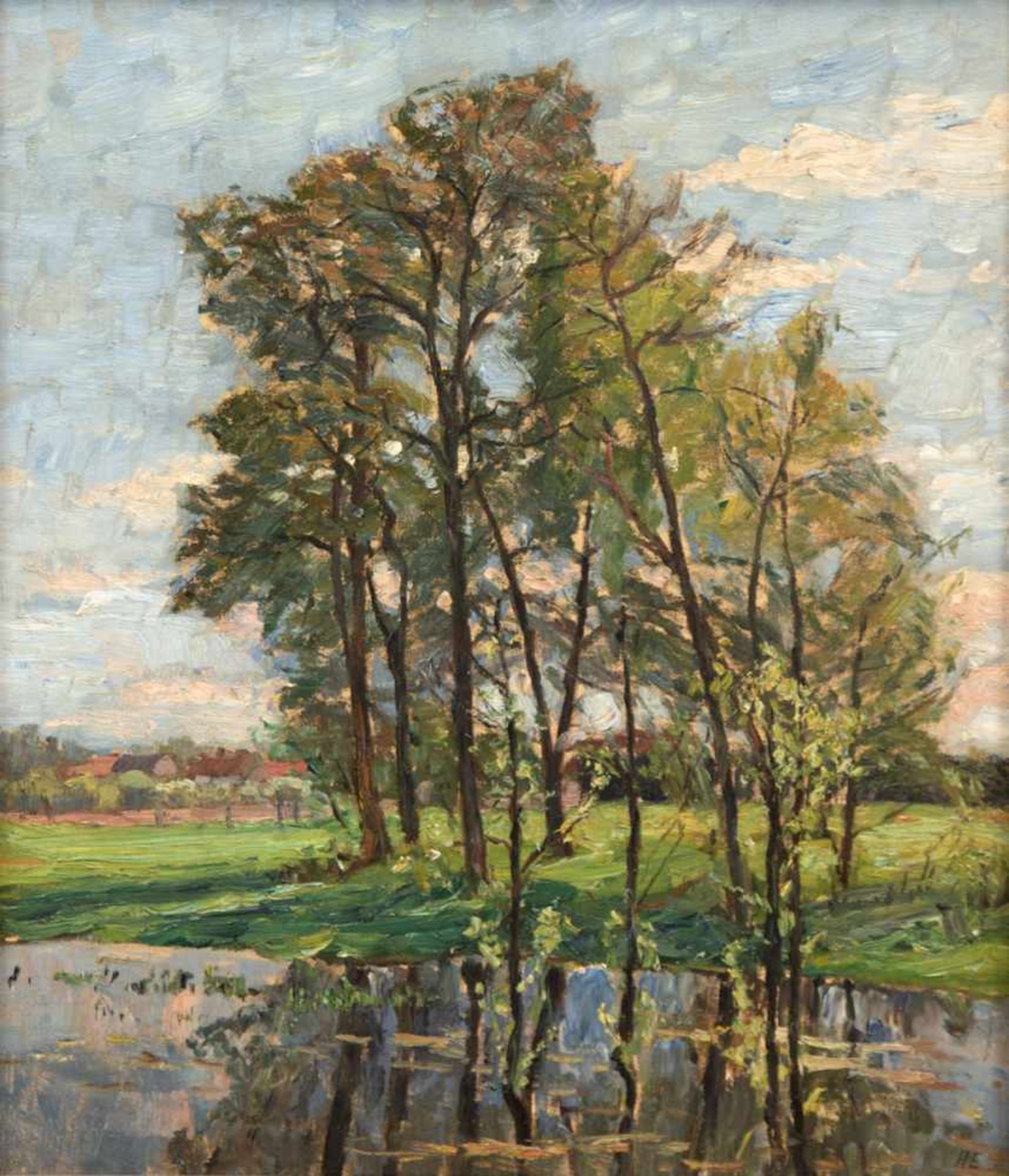 Monogrammist "H.E." "Dörfliche Landschaft, um 1920, Öl/Lw., 61x50 cm, Rahmen