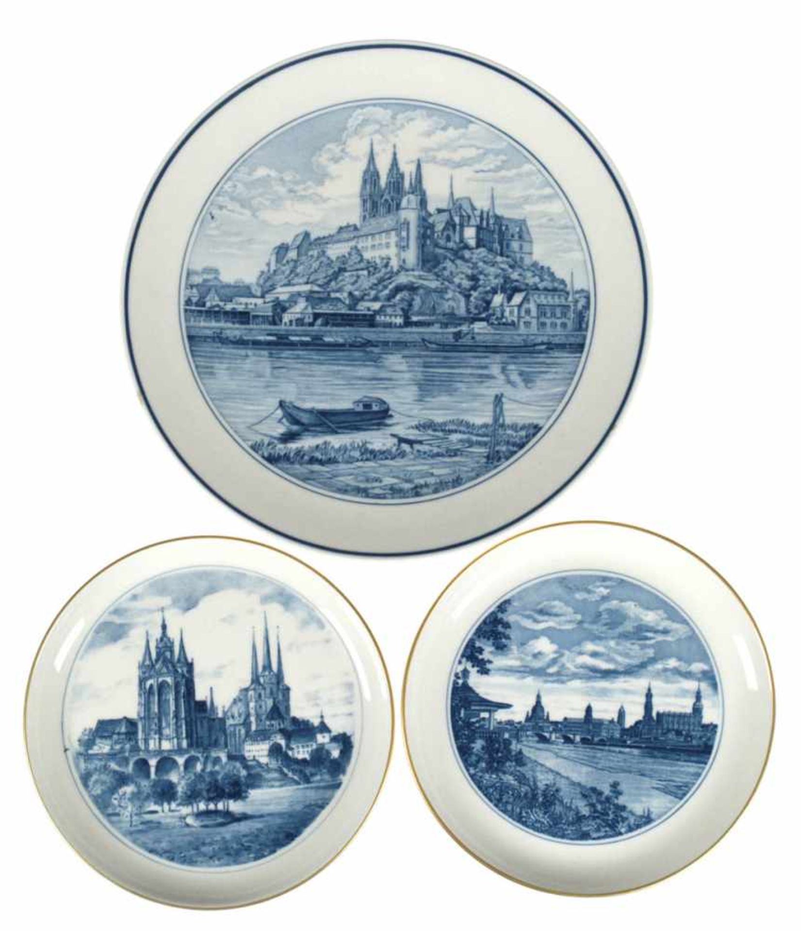 3 Meissen-Ansichtenteller, im Spiegel Ansichten von Dresden, Erfurt bzw. Meissen, in Aquatinta, 2x