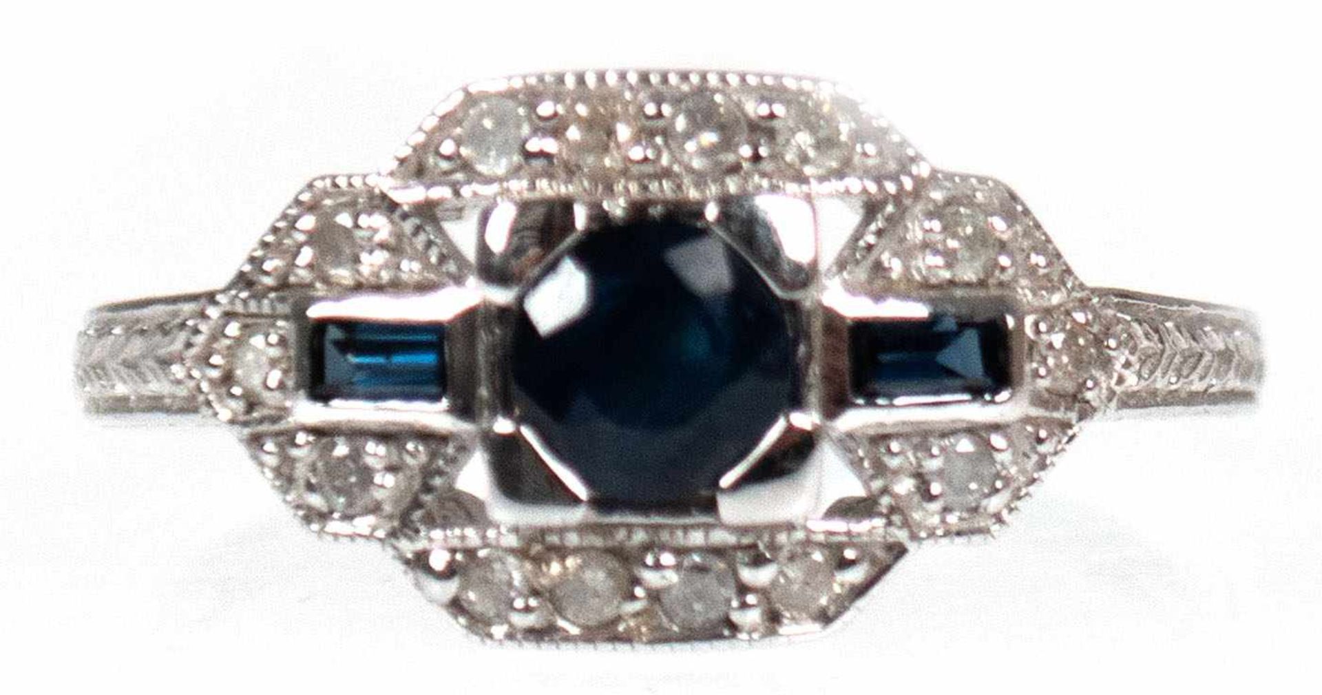 Ring im Art Deco-Stil, 925er Silber, rhodiniert, Saphire 0,72 ct., Brillanten 0,15 ct, RG 54, Ring