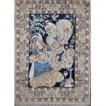 Alter Persischer Nain, mit Seide, blaugrundig, mit Blidnis zweier Frauen bei Musik und Wein, Alter