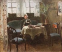 Maler um 1910 "Stubeninterieur mit lesendem Herrn", Öl/Lw., unsign., rücks. auf Keilrahmen bez. "