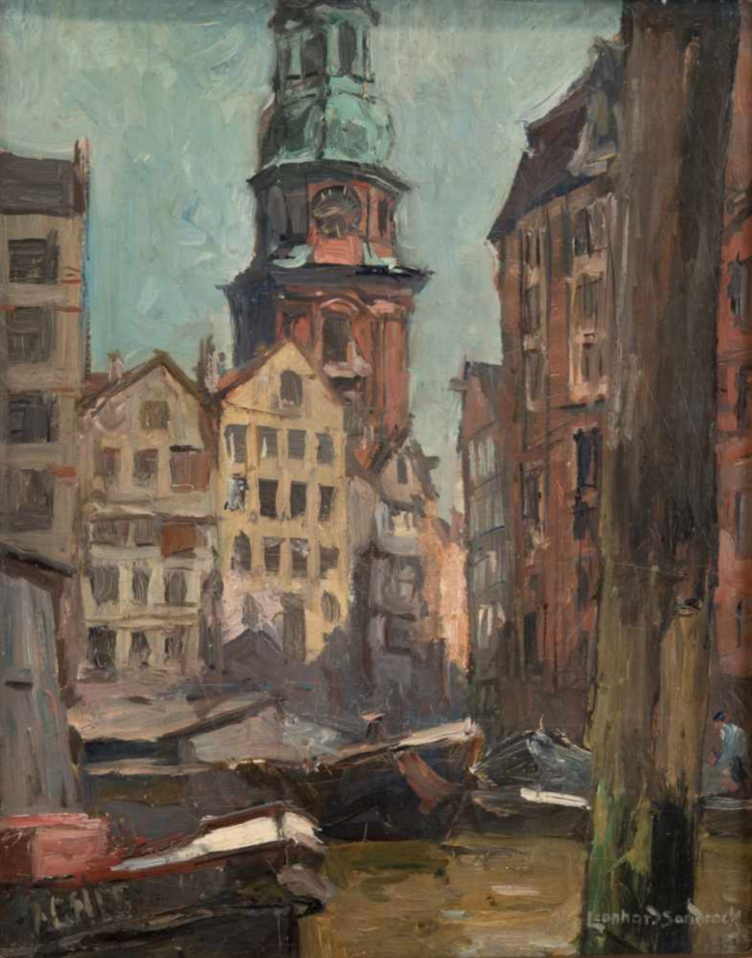 Sandrock, Leonhard (1867 Neumarkt-1945 Berlin) "Hamburger Fleet mit Blick auf den Michel", Öl/Lw.,