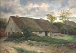 Maler des 19. Jh. "Landschaft mit Bauernhaus", Öl/Lw., undeutl. sign. u.r., 28x38 cm, Rahmen Maler