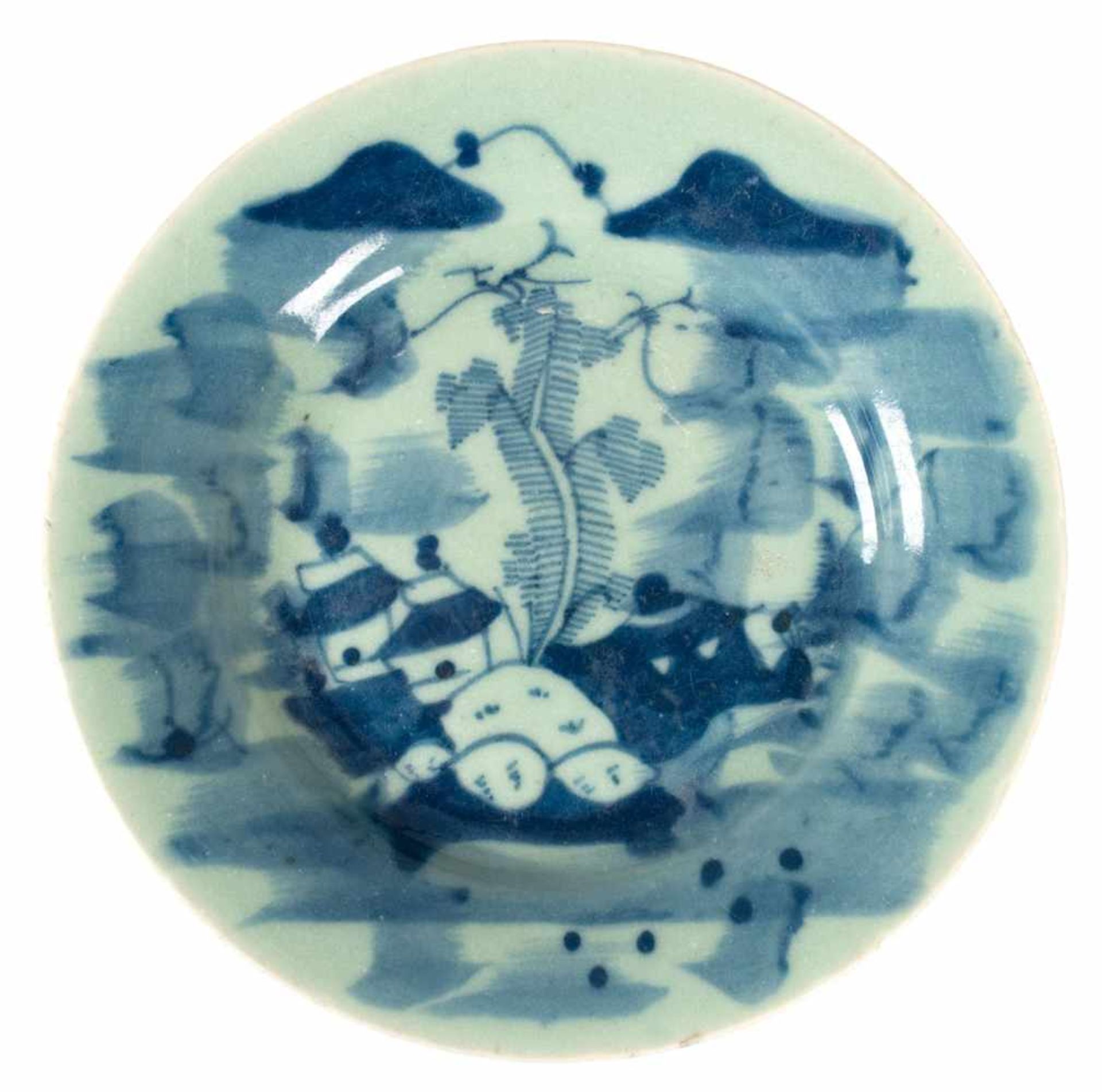 China-Teller, 20er Jahre, Porzellan, mit figürlicher Blaumalerei, glasiert, gemarkt, Dm. 23 cm